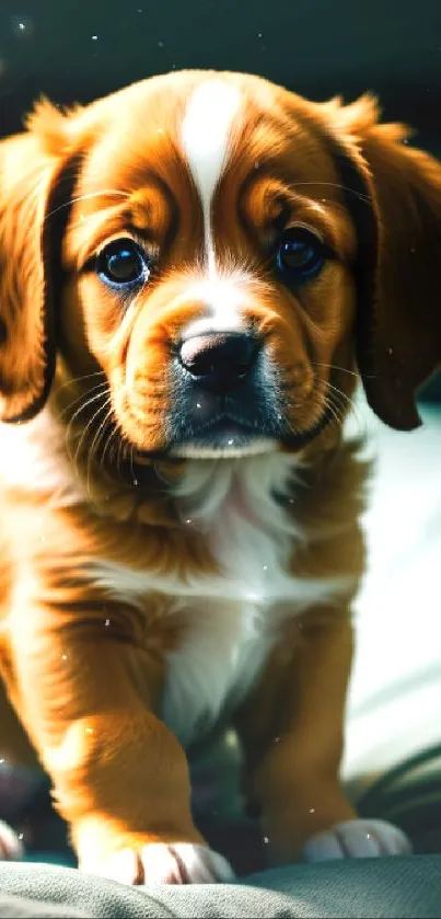 Adorable brown and white puppy sitting on a cushion.