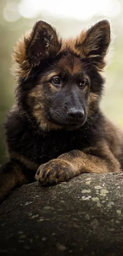 Adorable puppy resting on a forest rock with soft background.