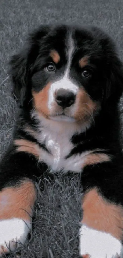 Adorable Bernese Mountain Dog puppy lying on grass wallpaper.