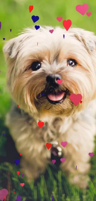 Cute puppy sitting on lush green grass, smiling slightly.