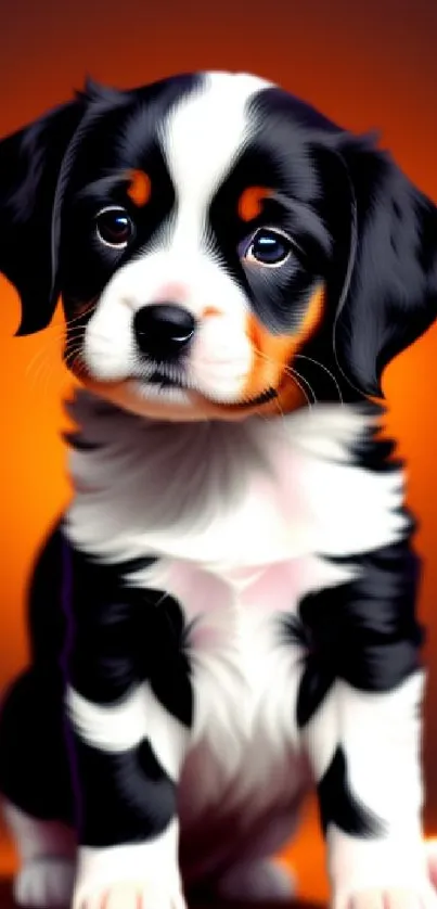 Cute black and white puppy sitting on an orange background.