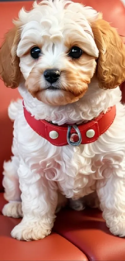 Adorable fluffy puppy sitting on a red chair wearing a red collar.