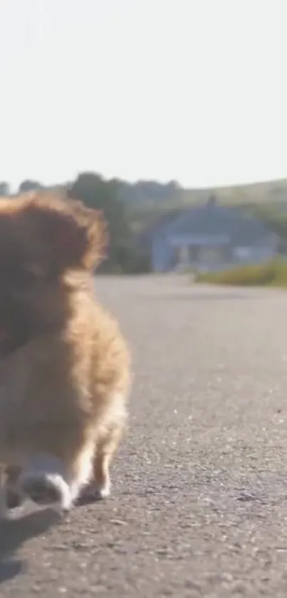 Fluffy puppy walking on a sunlit road with green hills in the background.