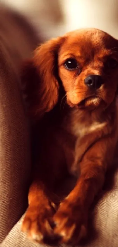 Adorable puppy lying on brown sofa.