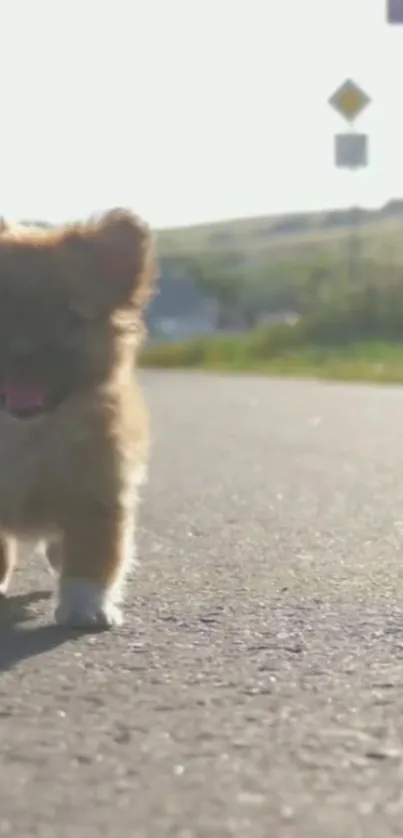 Adorable puppy strolling on a sunny road.