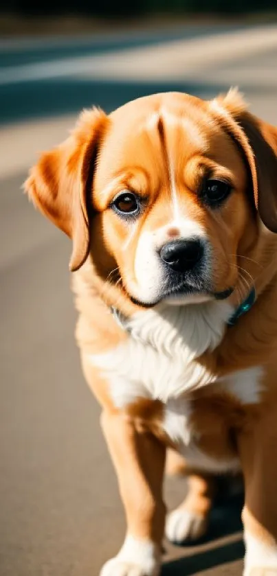 Adorable puppy sitting on sunny street, perfect for mobile wallpaper.