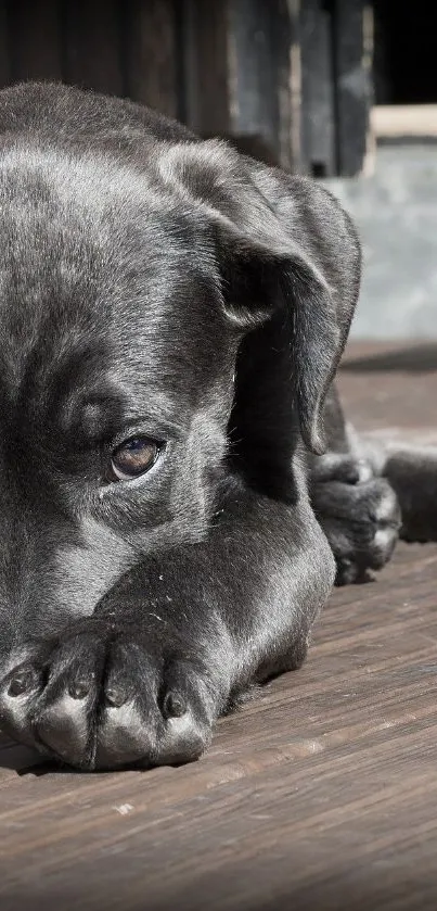 Adorable black puppy resting on a wooden floor