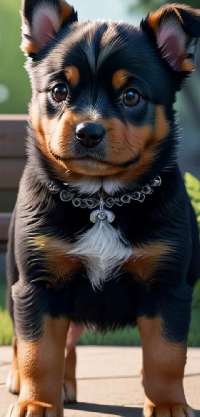 Cute black and tan puppy outdoors with green background.