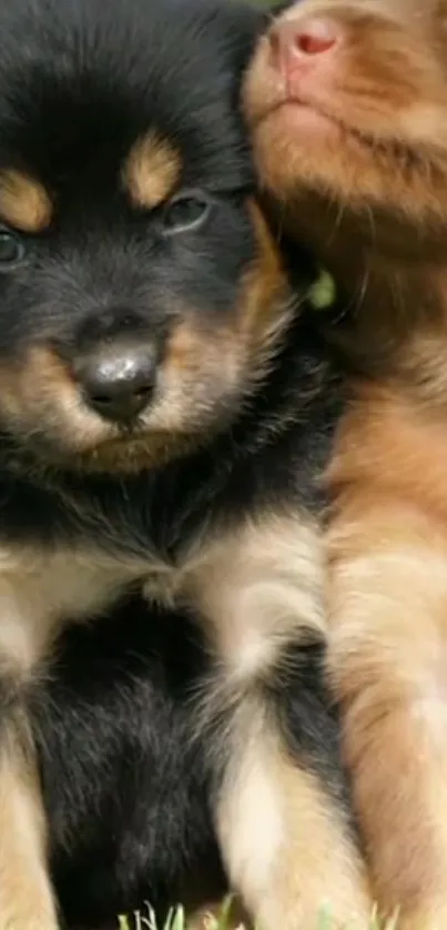 Adorable black and brown puppies cuddling.