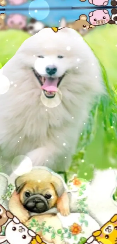 Samoyed and pug in a green field with cartoon animals.