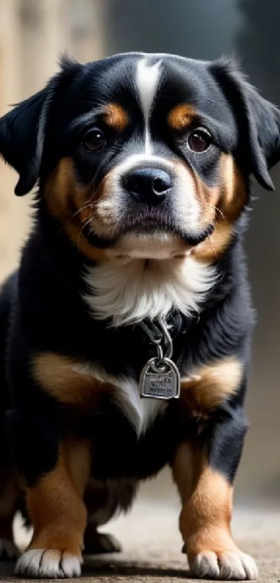 Adorable puppy standing on a rustic path, exuding charm and playfulness.