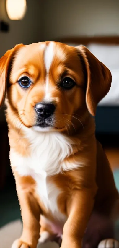 Cute brown puppy sitting on a green carpet indoors.