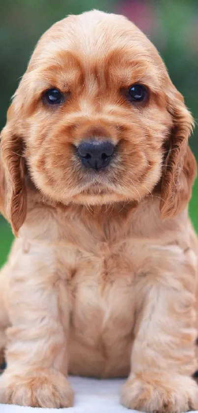 Adorable Cocker Spaniel puppy on a blanket outdoors.