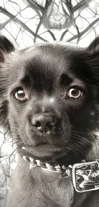 Cute black puppy with artistic background.