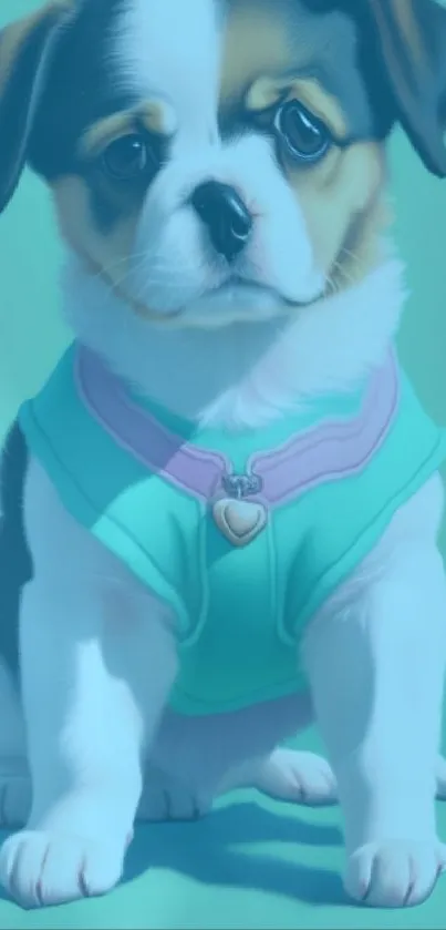 Adorable puppy in teal outfit on wallpaper.