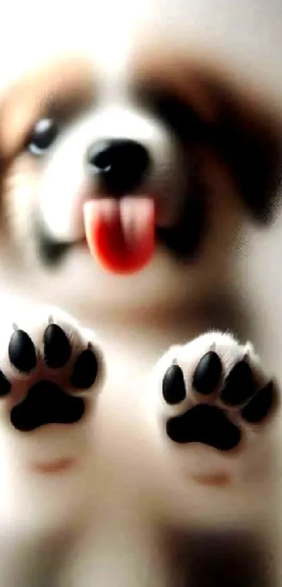 A cute puppy with paws on glass and tongue out.