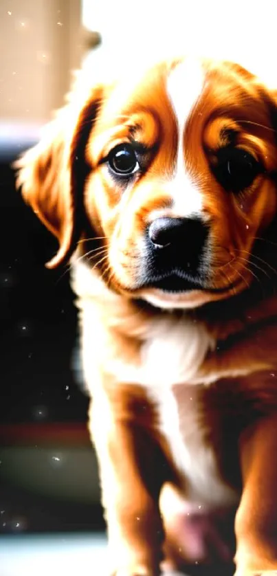 Adorable puppy sitting by a window with a playful expression.