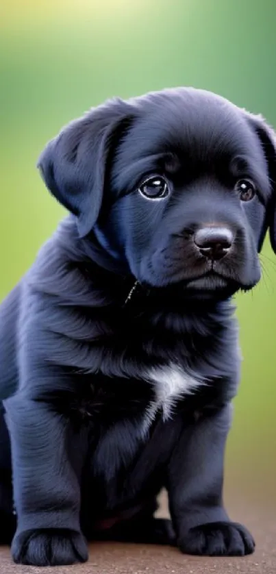 Adorable black Labrador puppy on green background.