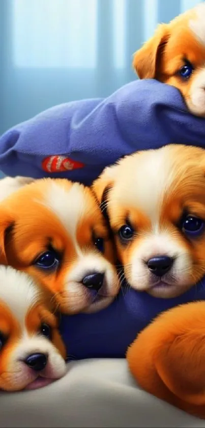 A pile of adorable puppies with orange and white fur nestled on a blue pillow.