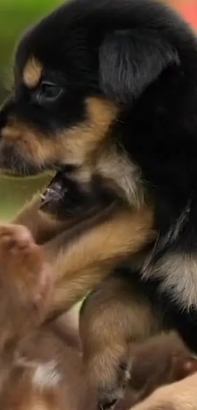 Playful puppies interacting in a heartwarming scene.