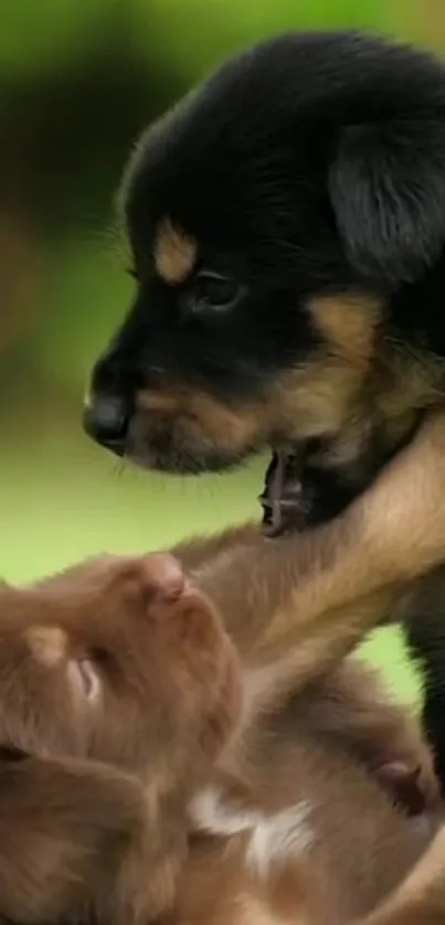 Two adorable puppies playing on grass.