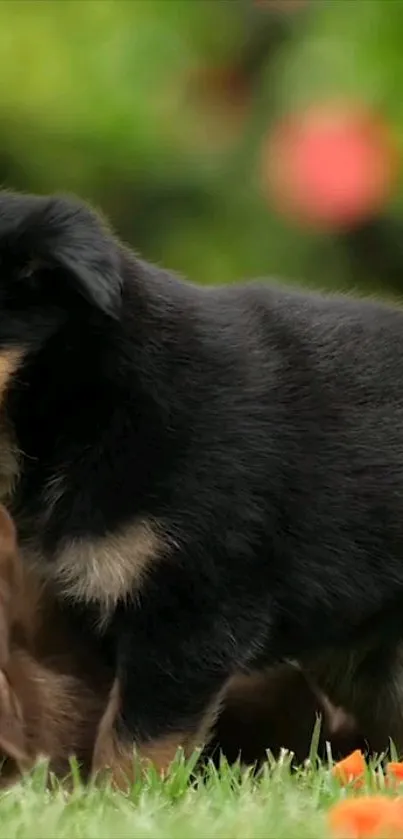 Two playful puppies in a green garden setting, ideal for pet lovers' wallpaper.