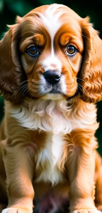 Adorable brown and white puppy sitting outdoors with a blurred green background.