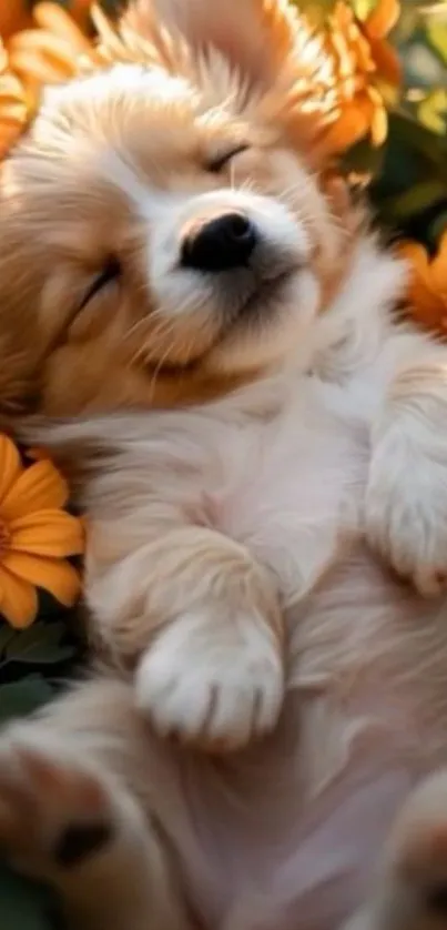 Cute puppy sleeping among orange flowers peacefully.