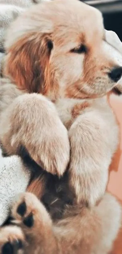 Golden retriever puppy sleeping on a blanket.