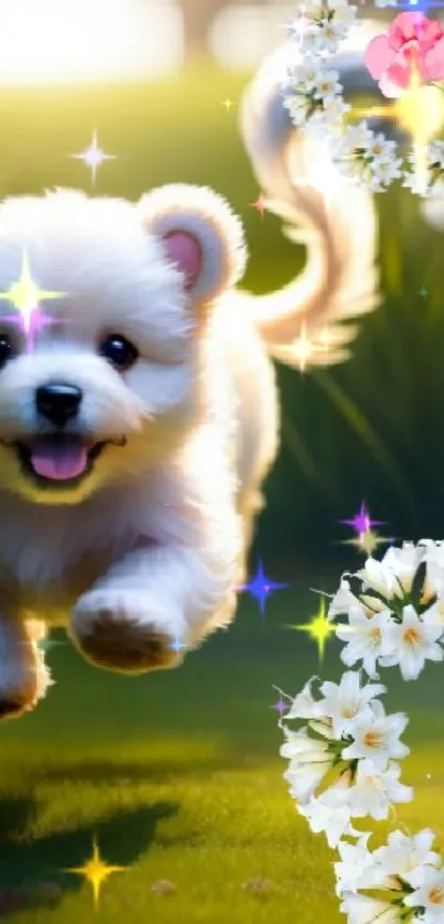 Adorable puppy running through spring flowers with vibrant greenery.