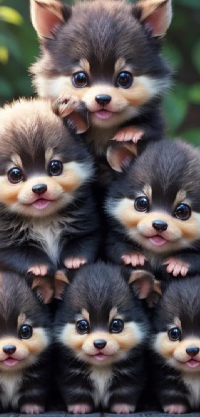 Cute stack of puppies with big eyes and fluffy fur on a mobile wallpaper.