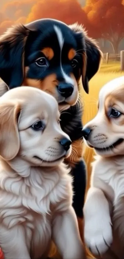 Three adorable puppies against an autumn background.