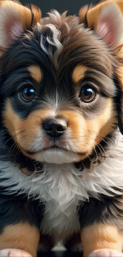 Adorable fluffy puppy with large eyes.