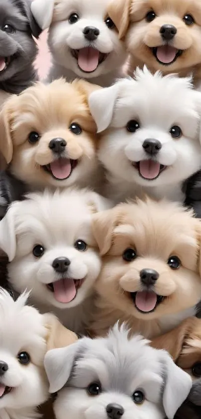 Adorable collage of smiling and fluffy puppies for mobile wallpaper.