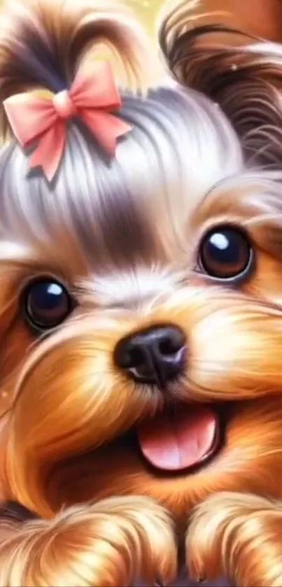 Realistic cute puppy with a bow.