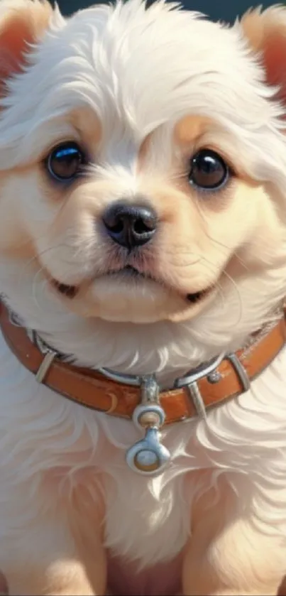 Adorable fluffy puppy with a collar, perfect mobile wallpaper.