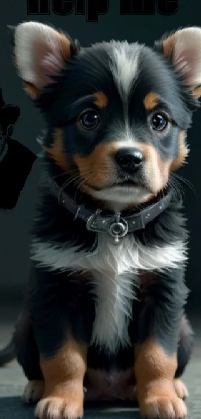 Adorable black and white puppy sitting in a playful pose.