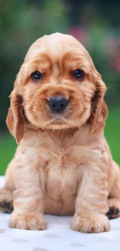 Adorable golden brown puppy on green grass