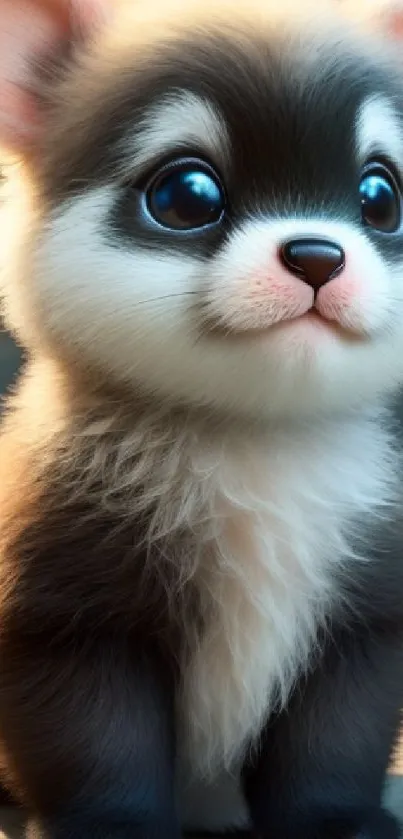 Adorable fluffy puppy with big blue eyes sitting on a surface.