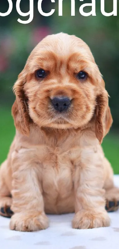 Adorable fluffy puppy with brown fur sitting on a background of nature.