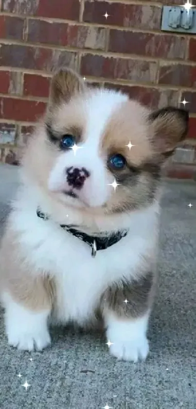 Adorable puppy with blue eyes on brick background.