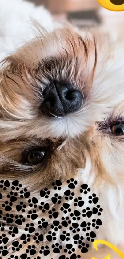 Fluffy puppy with heart paw prints and cute emojis.