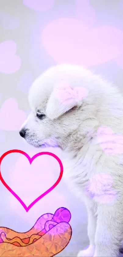 Cute white puppy with red heart and hot dog graphic wallpaper.