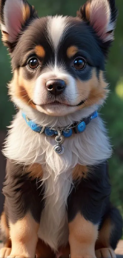 Adorable puppy sitting in a garden, smiling cutely.