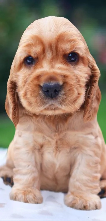 Cute caramel puppy sitting on a blurred garden background.