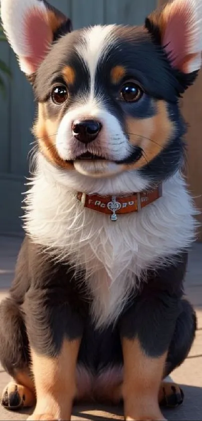 Adorable Tri-Colored Corgi Puppy Sitting on a Wooden Floor