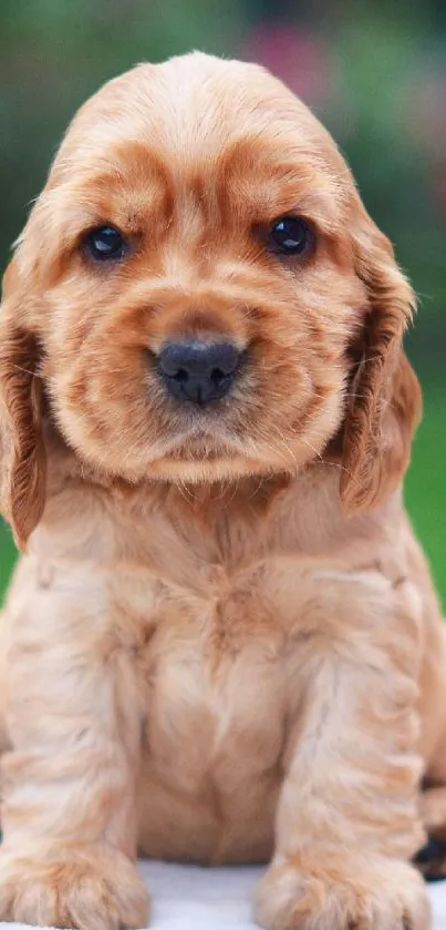 Cute brown puppy sitting on grass, looking curious.