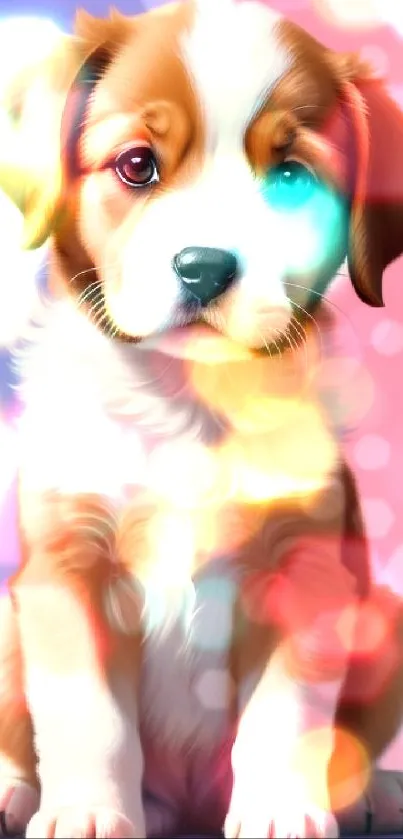 Adorable realistic puppy on blue and pink background.