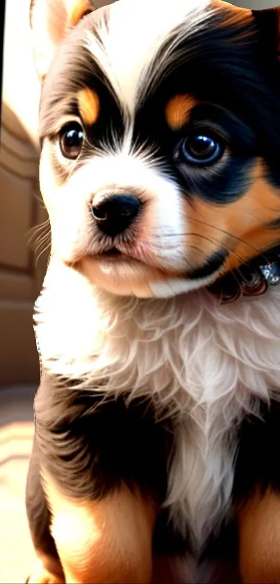 Fluffy puppy with big eyes sitting indoors.