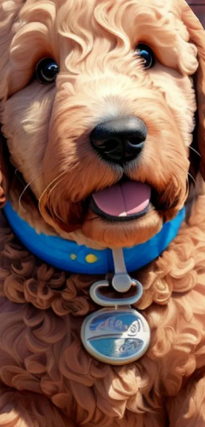 Adorable curly-coated puppy with a blue collar.